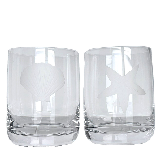 Whiskey Old Fashioned Glass Set of 2 Etched Frosted One Clamshell & One Starfish