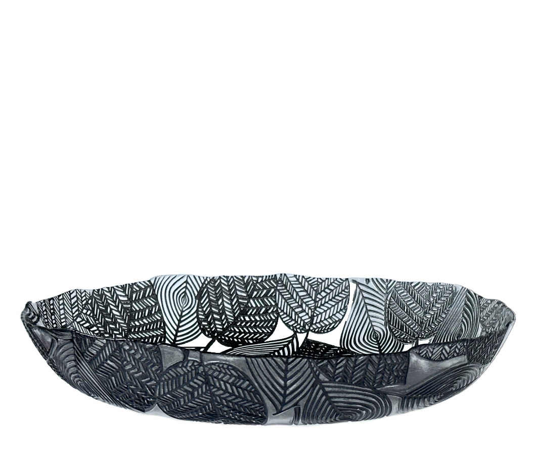Black Bowl Transparent Glass w/Raised Black Leaves & Wavy Rim Artistic Accents