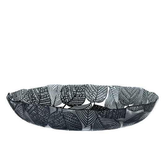Black Bowl Transparent Glass w/Raised Black Leaves & Wavy Rim Artistic Accents