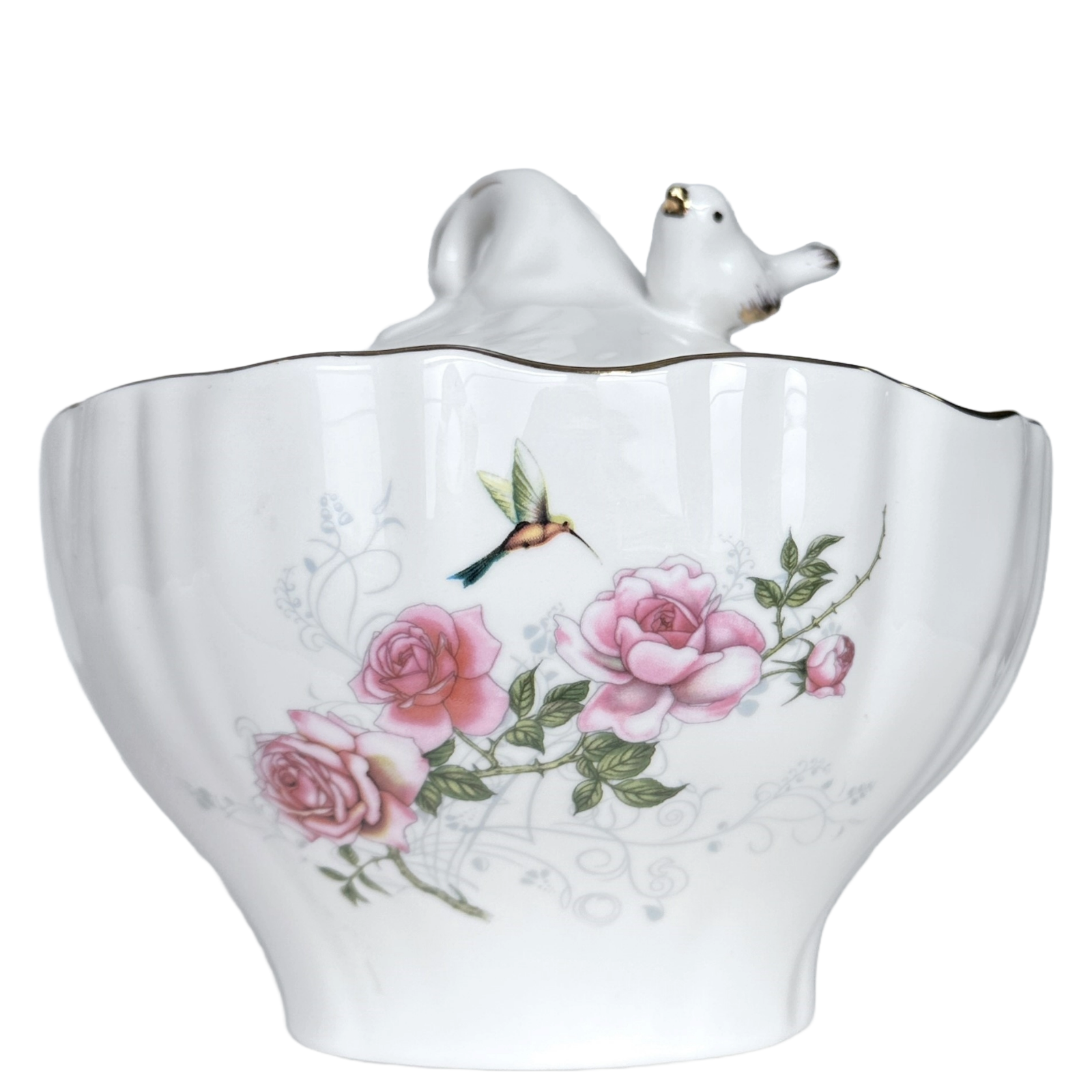 Candy Dish Bowl w/Cover Hummingbird & Pink Flowers Gold Accents Scalloped Rim