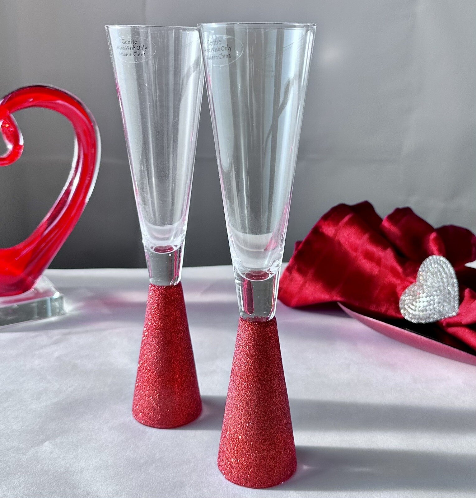 Champagne Glass Flute Tapered Sparkling Glitter Red Stem Set of 4 Christmas Red