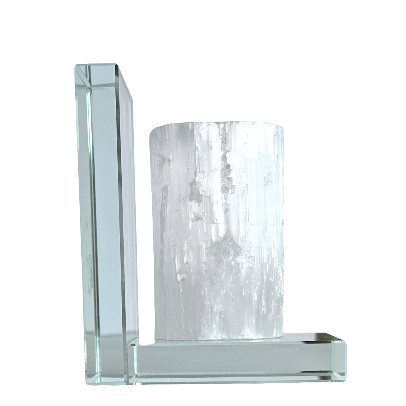 Bookend Etched White Selenite Column Smooth Top on Thick Crystal Glass Base