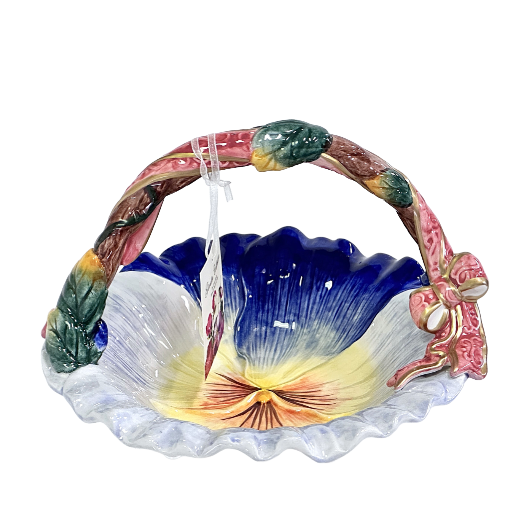 Corner Ruby Garden Collection Porcelain Candy Dish Blue & Yellow Pansy Pink Bow