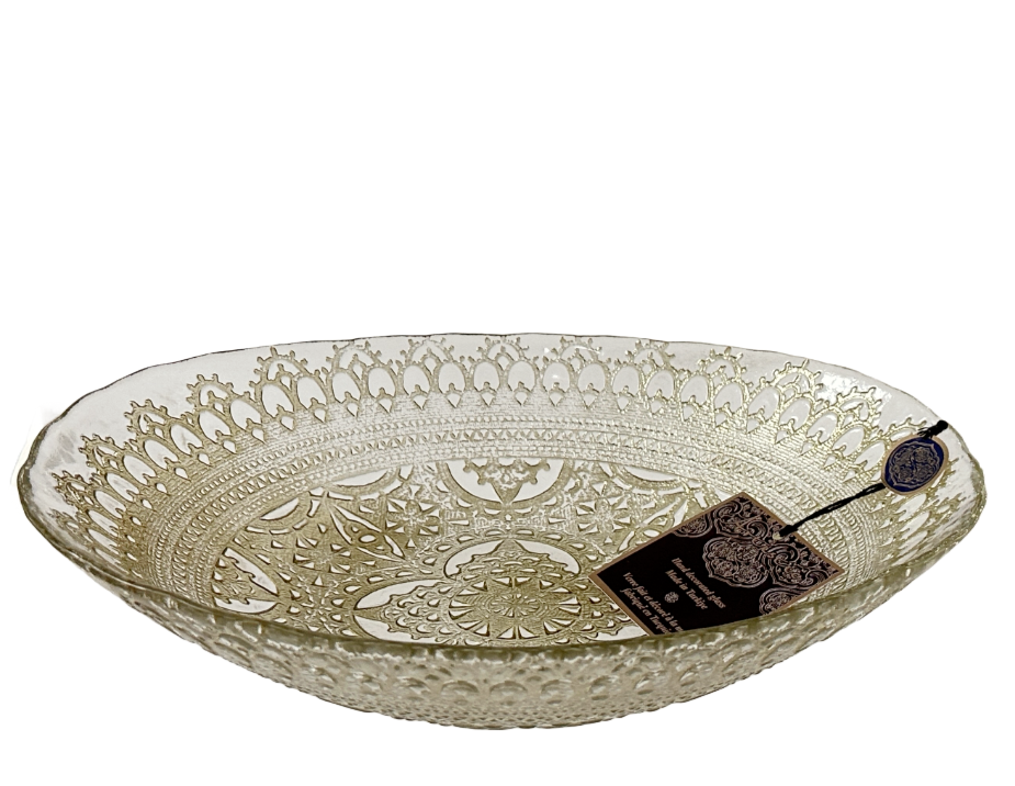 Serving Bowl Oval Clear Gold Glass Lace Pattern Handmade by Artistic Accents