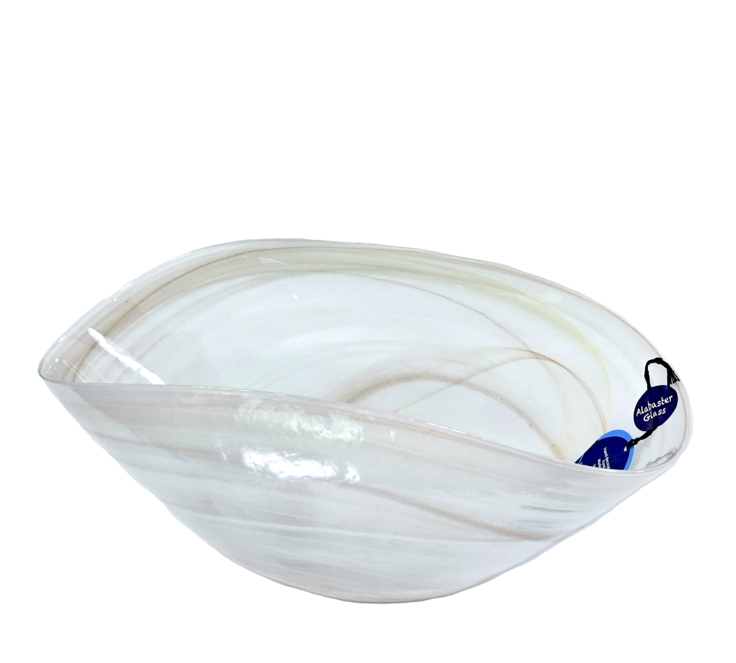Alabaster Curved Decorated Bowl Hand Decorated Translucent Cream & Taupe Swirls