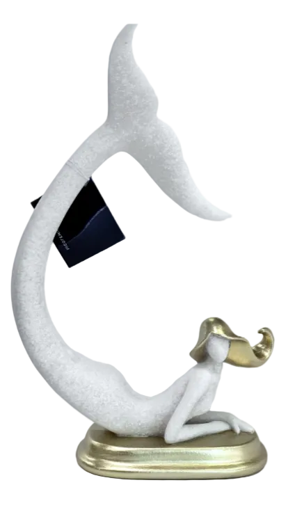 Mermaid Sculptures, Bookends, Stylish White Stone w/Gold Hair on a Gold Platform