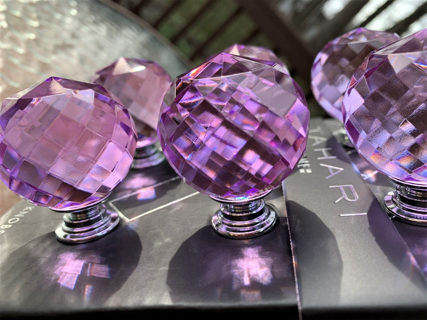 Tahari Cabinet Crystal Pull Drawer Knobs. Round Faceted, Sparkling Purple, Set/6