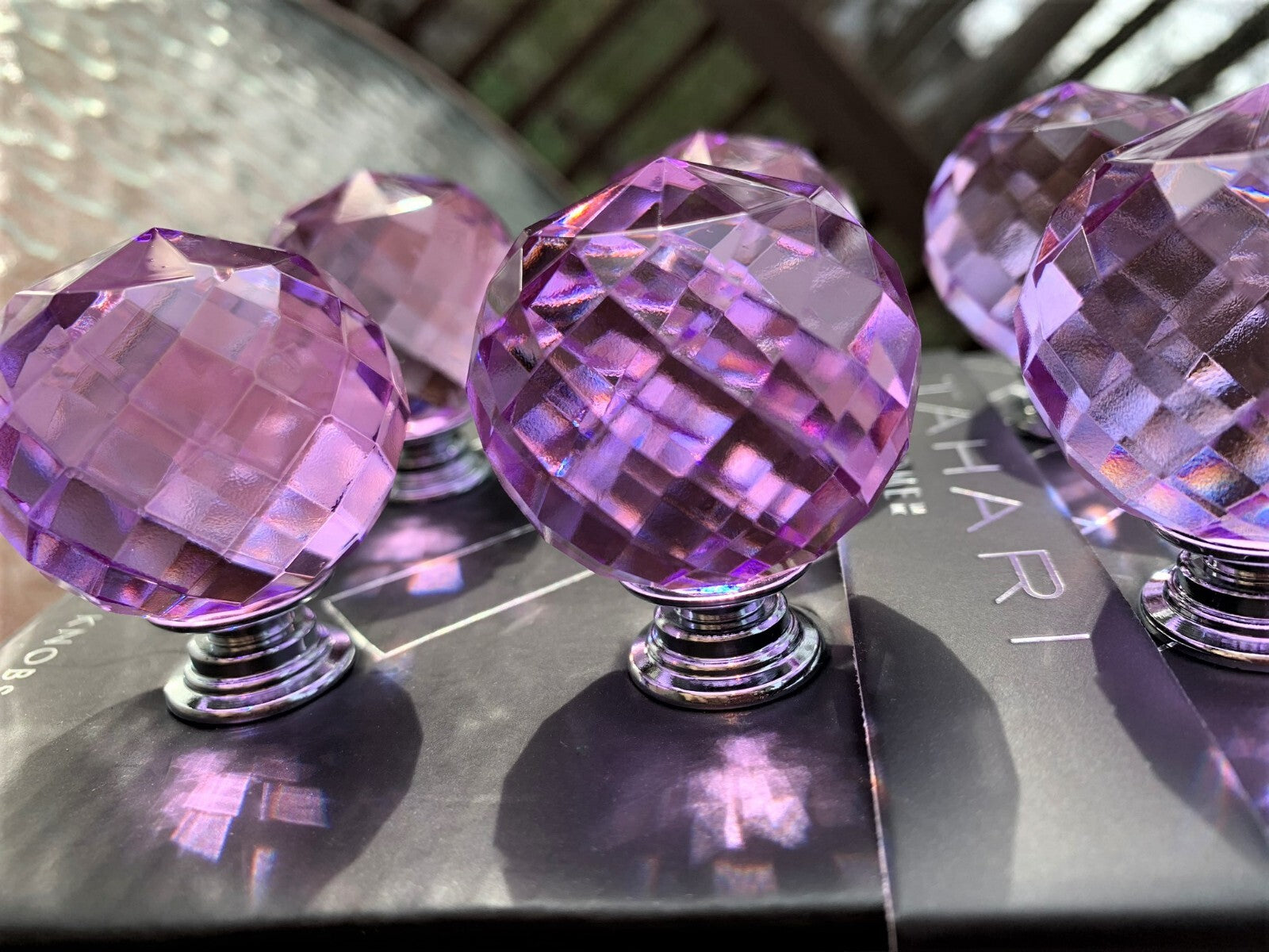 Tahari Cabinet Crystal Pull Drawer Knobs. Round Faceted, Sparkling Purple, Set/6