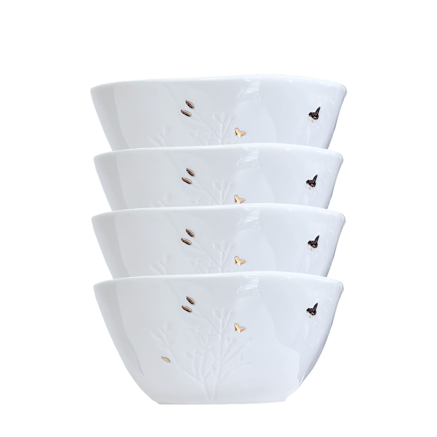 Woodland Animals Salad Dinner Bowl White Ceramic, Gold w/Etched Flowers Set/4