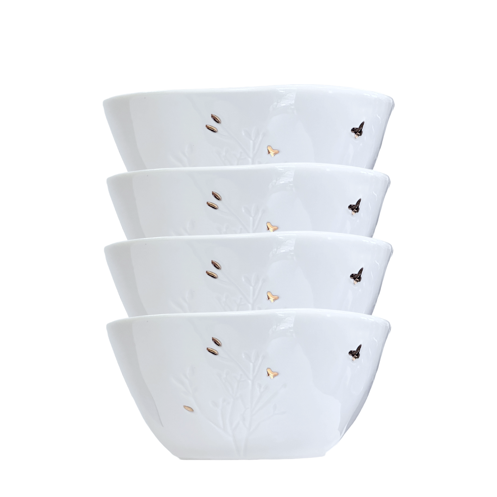 Woodland Animals Salad Dinner Bowl White Ceramic, Gold w/Etched Flowers Set/4