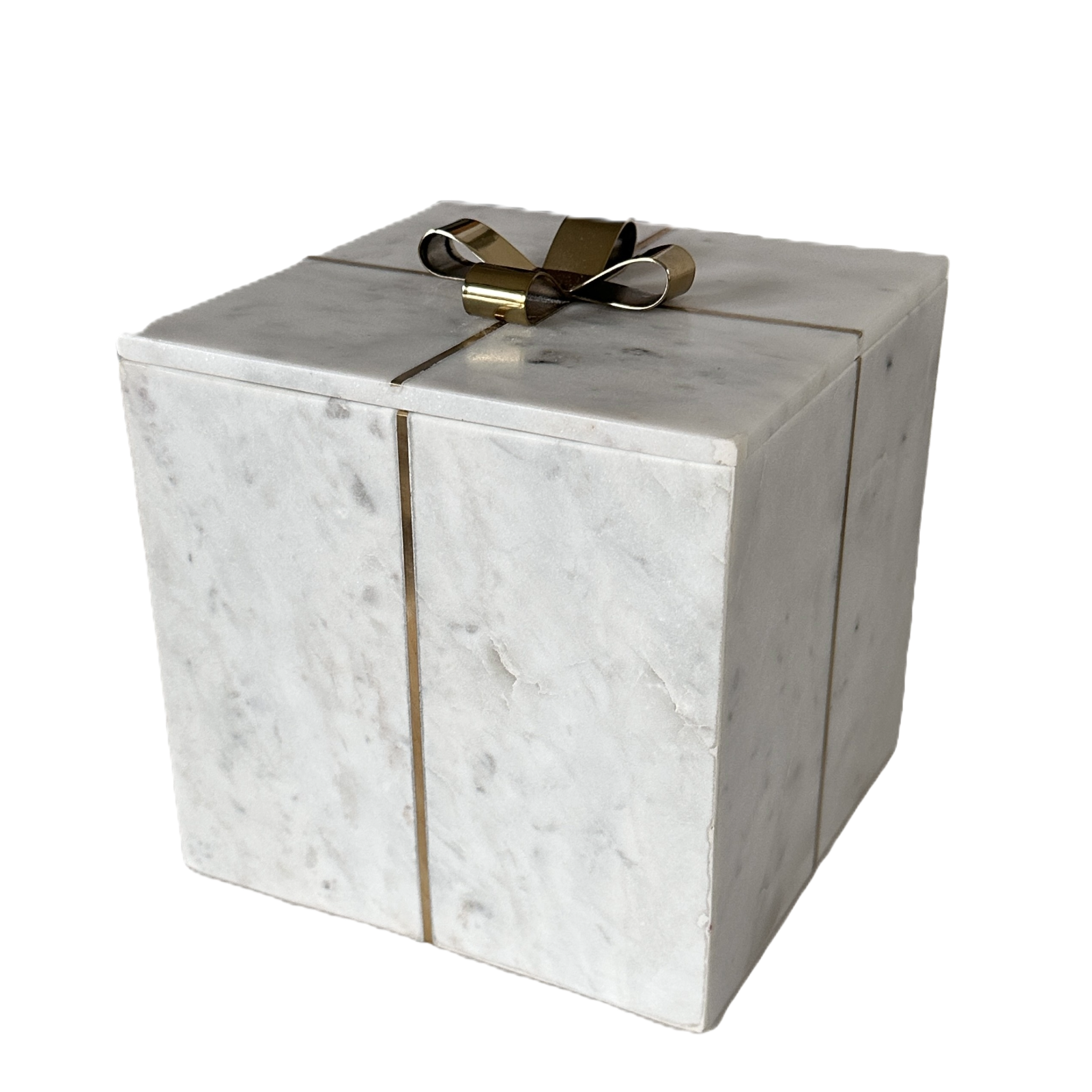 Marble Square Gift Box with Brass Bow & Ribbon on a Removable Lid  7x7x7