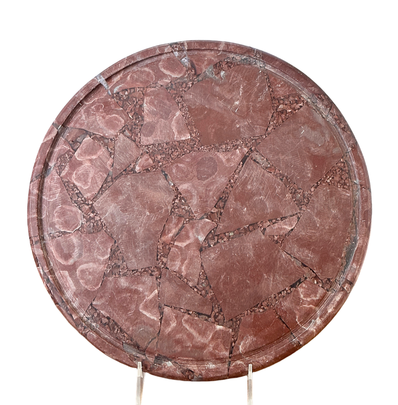 Broken Red Stone Cake Stand Tray with Marble Texture & Round Silver Feet