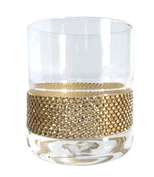 Whiskey Glass, Old Fashioned w/ Gold Rhinestone Crystal Band Stemless Wine Set/4