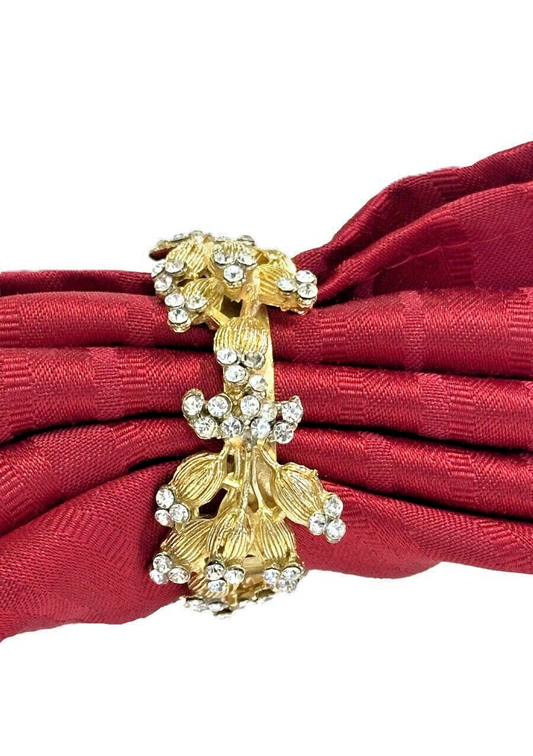 Gold Napkin Rings with Sparkling Bling on Gold Etched Floral Buds and Vines