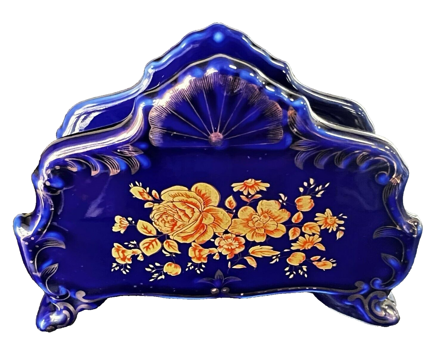 Napkin Holder, Cobalt Blue Scalloped Porcelain Napkin Holder w/Gold Flowers/Trim