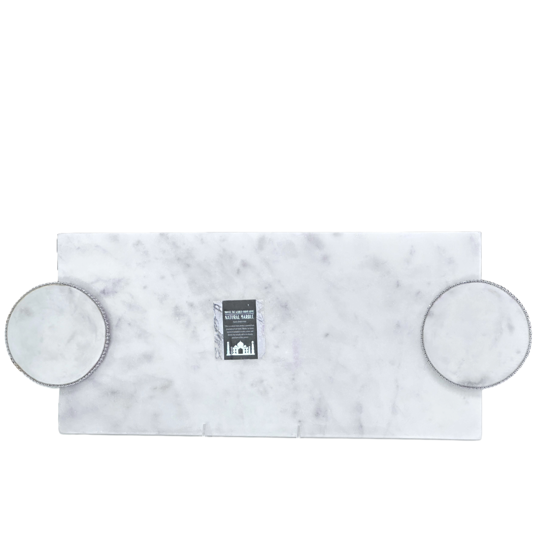 Marble Charcuterie Serving Board Dessert Tray 2 Raised Platforms w/Crystals 21x8