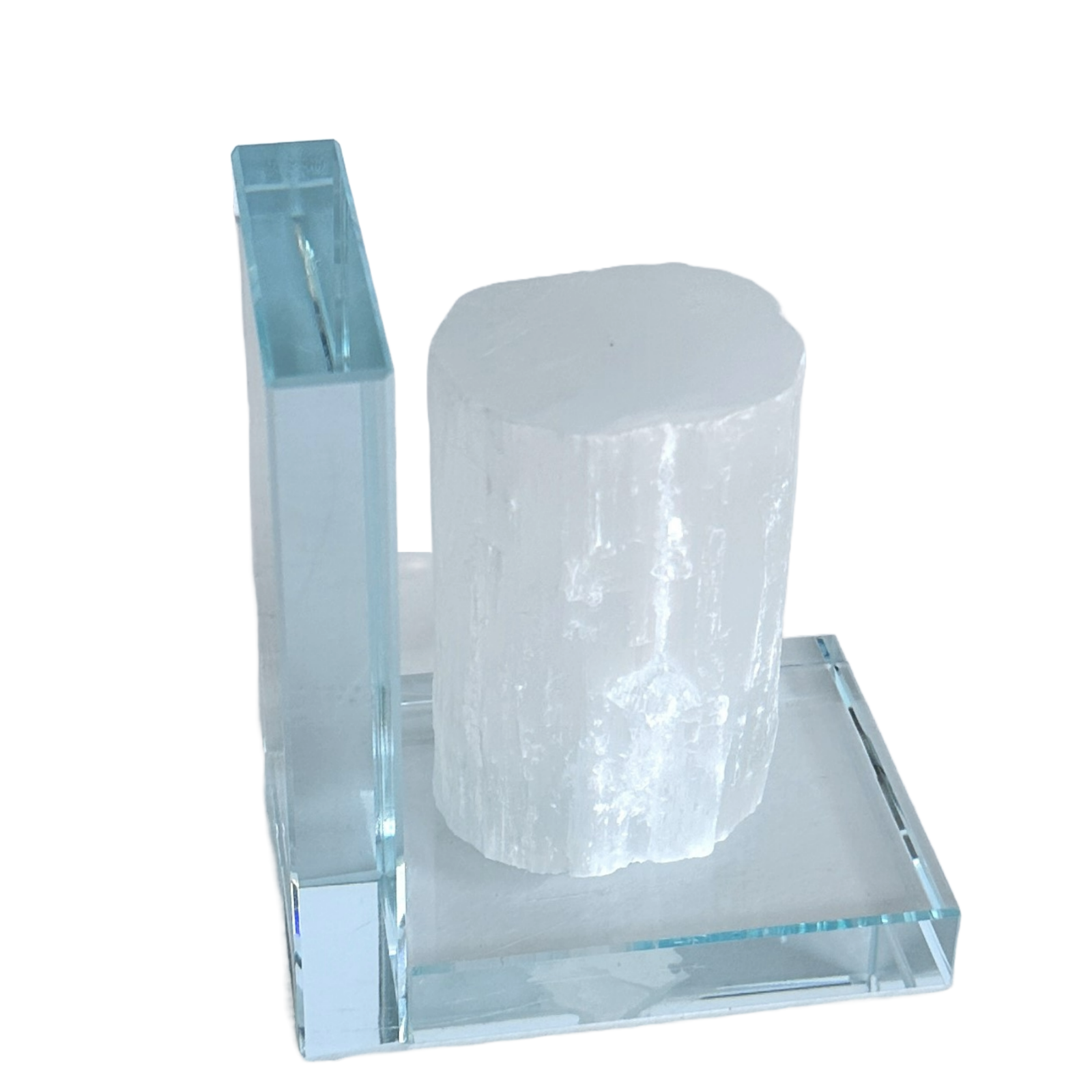 Bookend Etched White Selenite Column Smooth Top on Thick Crystal Glass Base