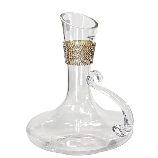 Wine Decanter, Glass Carafe, w/Handle & Sparkling Gold Crystal Rhinestone Collar