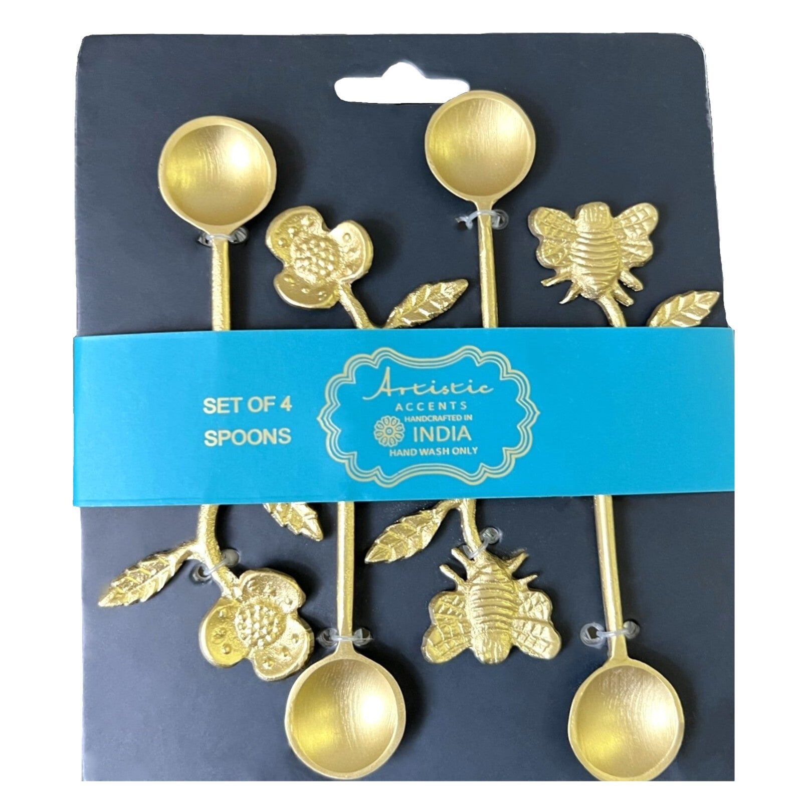 Hammered Steel Gold Coffee Mini Spoons w Bee & Flower Handle by Artistic Accents