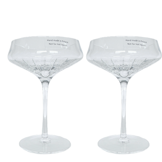 Champagne Glass Coupe Saucer, 2PC Round Glass Handmade w/Etched Linear Design