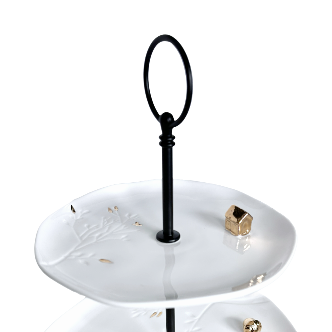 2 Tier Serving Dessert Tray Enchanted Gold Woodland Animals & Etched Flowers