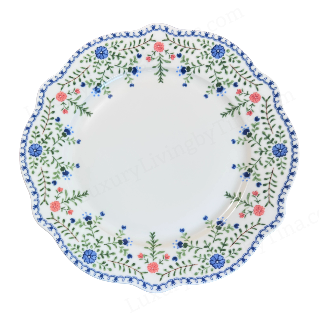 Scalloped Dinner Plates with Blue & Blush Floral Rim Romantic Scalloped Rim