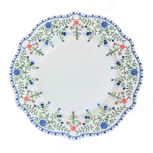 Scalloped Dinner Plates with Blue & Blush Floral Rim Romantic Scalloped Rim