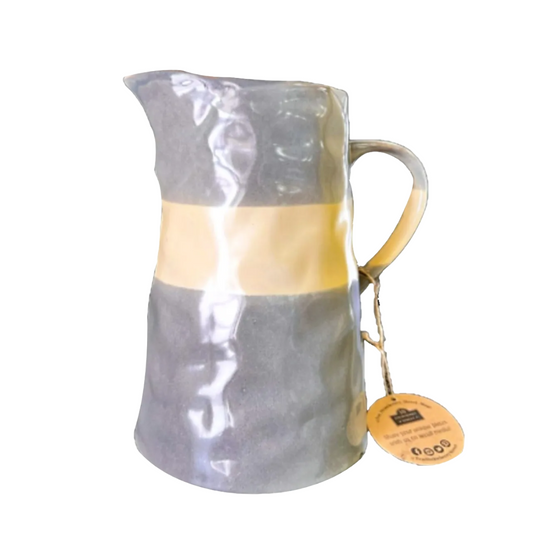 Monet Artisan Pitcher Jug Gray Ceramic Clay w/Yellow Stripe by 10 Strawberry St