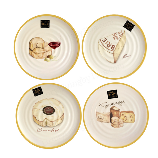 9" Ceramic Plates with Hand-Drawn Cheese Illustrations & Yellow Rim for Appetizers, Tapas, Salad