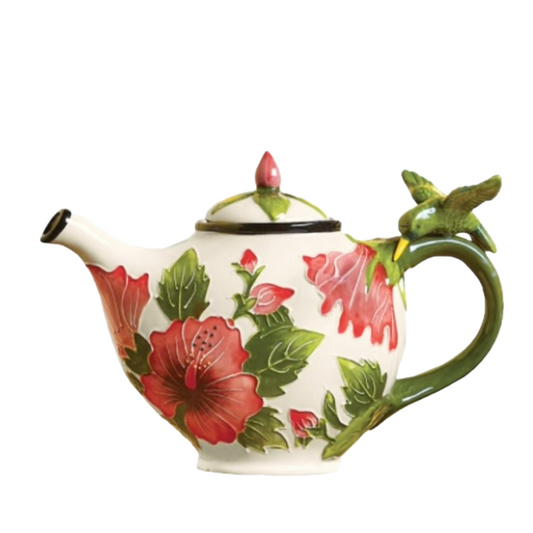 Blue Sky Ceramic Teapot Green Hummingbird on Red Hibiscus Flower with Green Handle