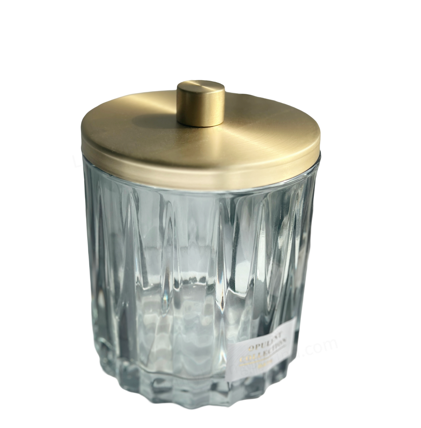 Faceted Glass Cotton Ball Jar Clear Warm Sea Blue with Brushed Gold Cover