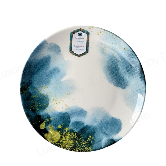 Salad Plate Intesa Home 8" Porcelain IHM5 Abstract Blue/ Green & Gold Splatter