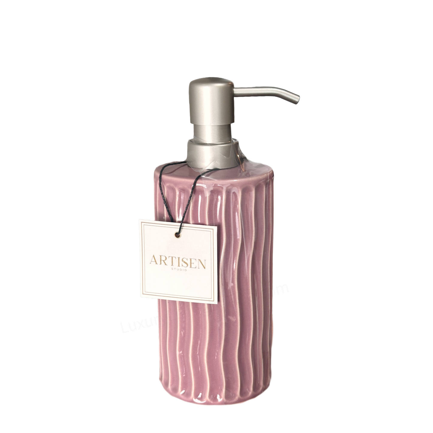 Soap Pump Dispenser Ceramic Mauve with Wavy Vertical Ribbing & Silver Pump
