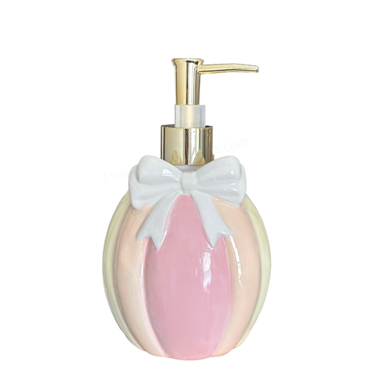 Soap Pump Dispenser Ceramic Pastel Vertical Stripes with White Bow & Gold Pump