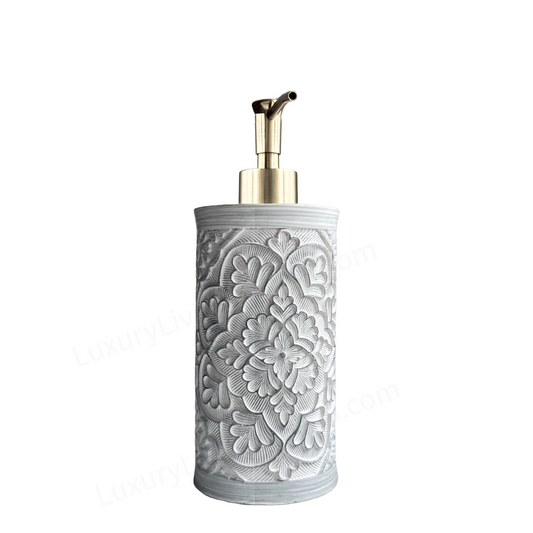 Soap Pump Dispenser Embossed Gray Flowers with Polished Brass Pump