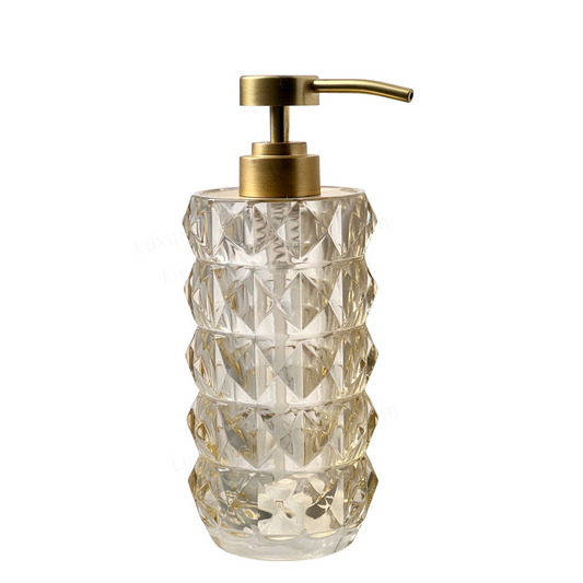 Soap Pump Dispenser Crystal Clear Warm Golden Faceted Glass with Brushed Gold Pump