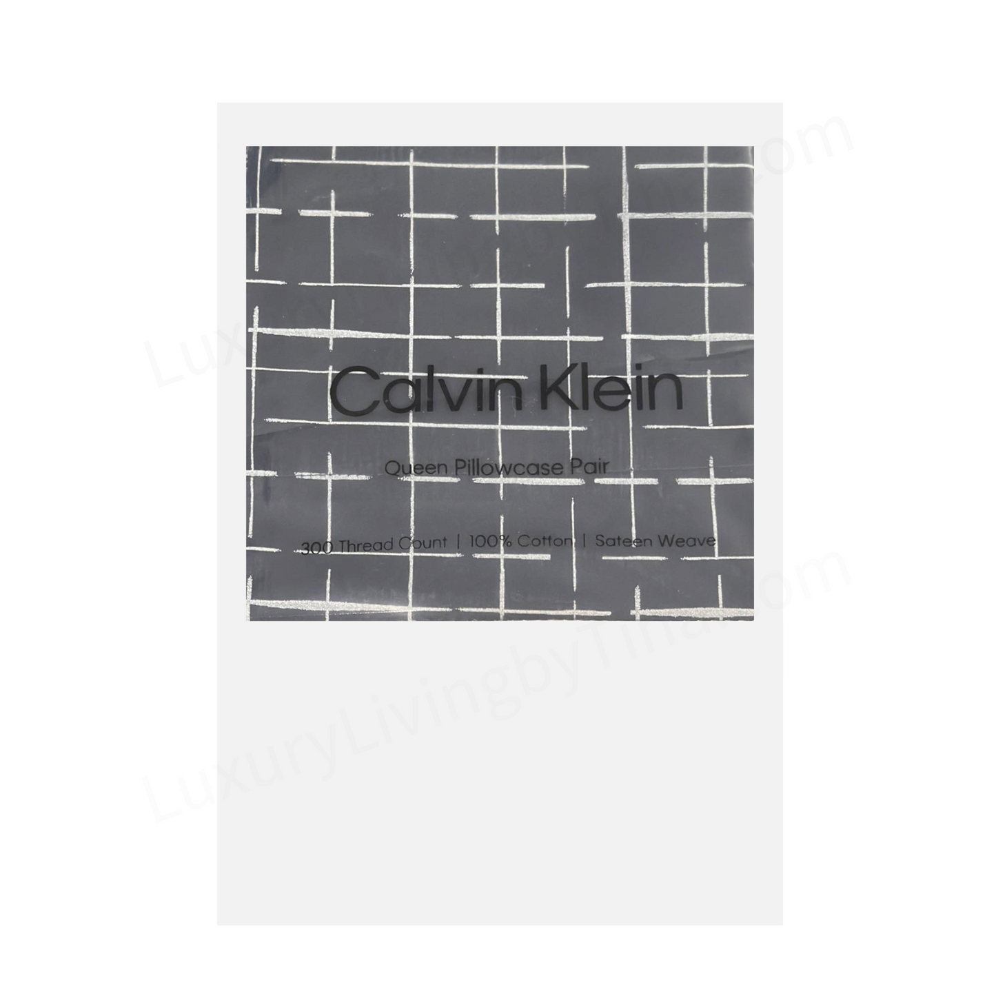 Calvin Klein Queen Size Pillowcases Set of 2 Gray White Plaid Sateen Weave