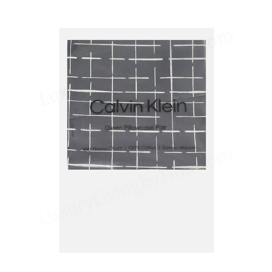 Calvin Klein Queen Size Pillowcases Set of 2 Gray White Plaid Sateen Weave