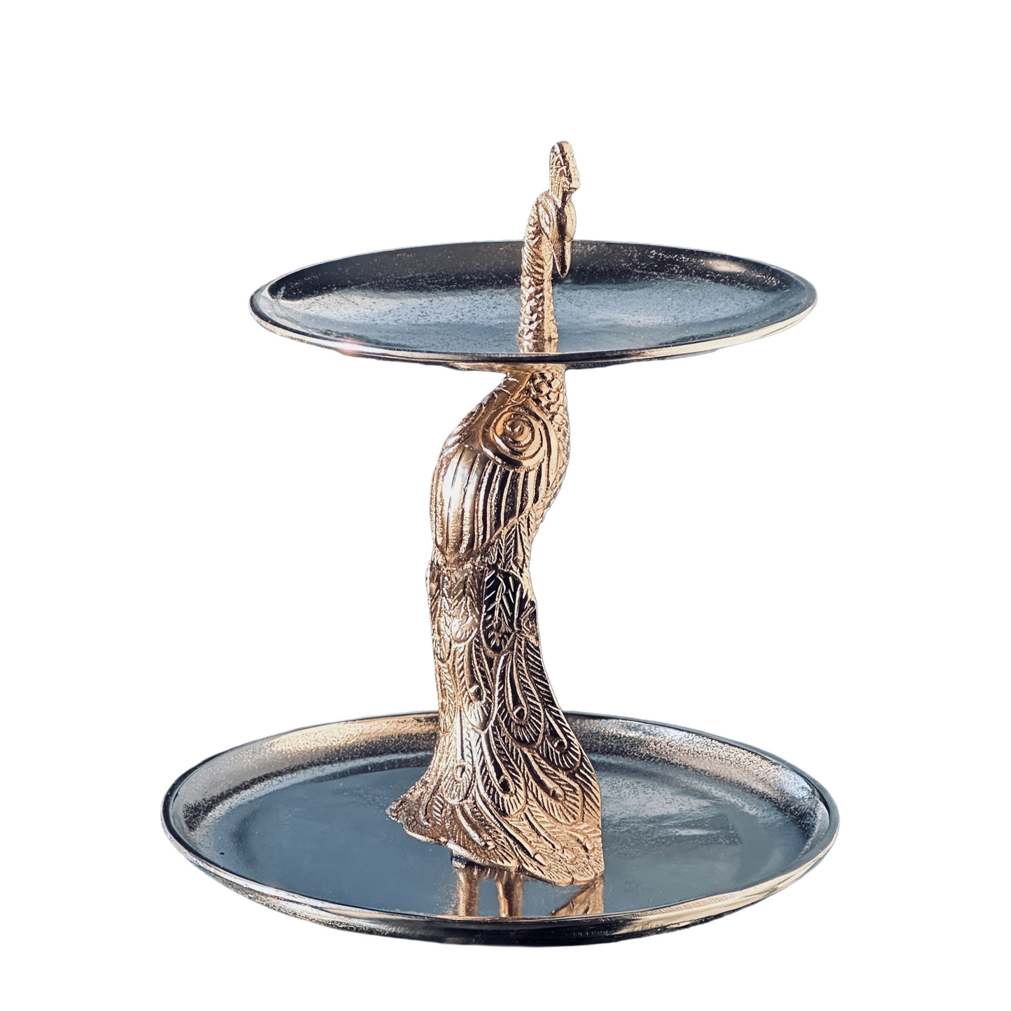 2-Tier Dessert Appetizer Tray Stand Silver Metal Peacock Entertaining Decor