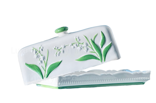 Butter Dish Keeper, Scalloped White Ceramic with Handpainted Spring Easter Lillies