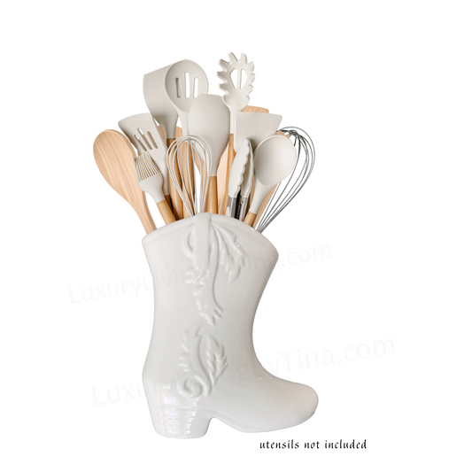 White Ceramic Utensil Holder Western Cowboy Cowgirl Boot Shape