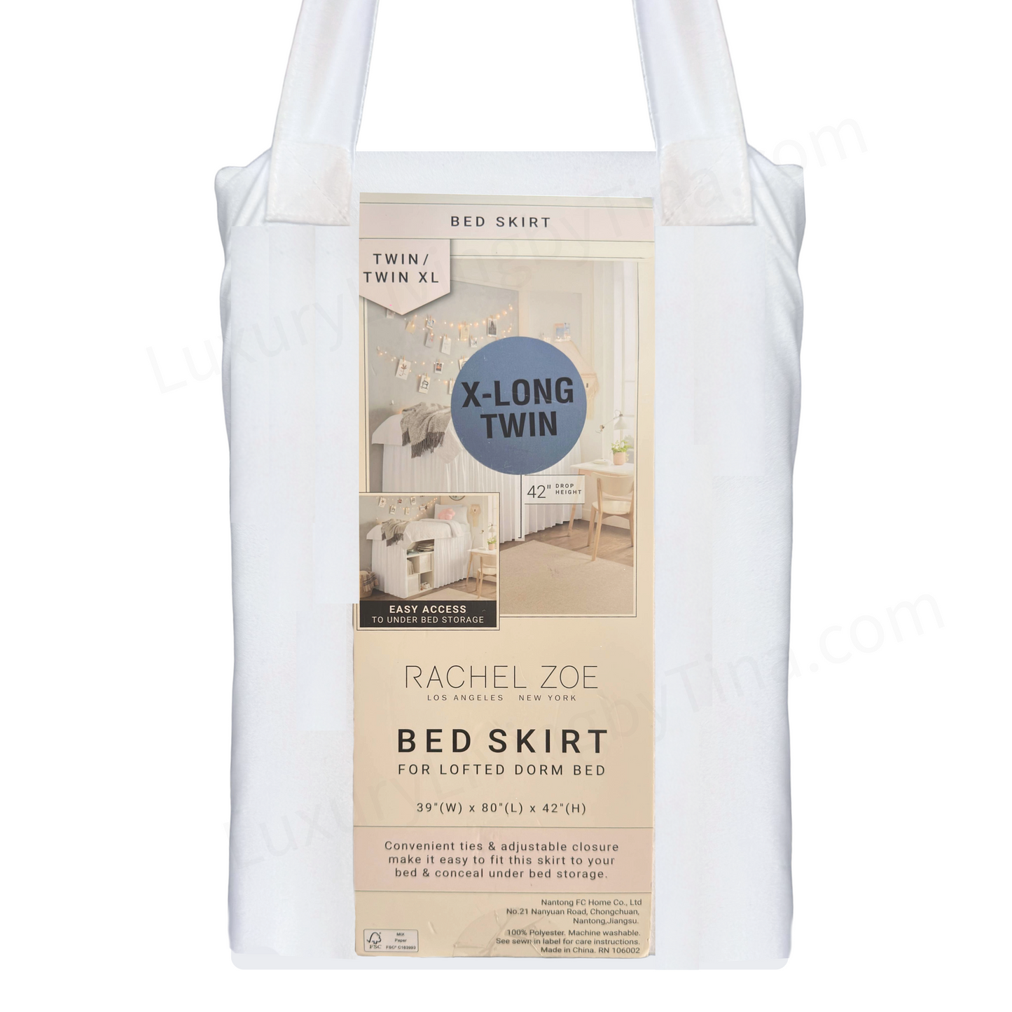 Twin Extra Long Bed Skirt Lofted Dorm Bed  42" White Drop Height by Rachel Zoe