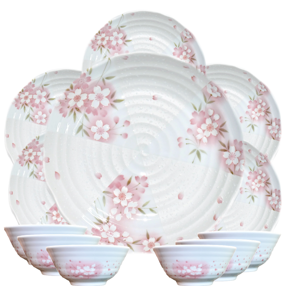 Sakura Cherry Blossoms Pink Waterdrop Japanese Style Dinnerware Set Plate & Bowl