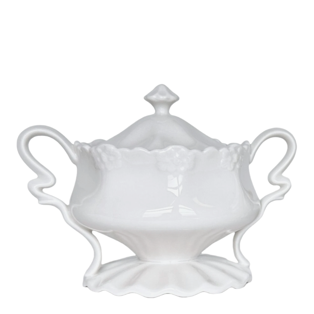 Grace's Teaware, White Porcelain Sugar Bowl w/Lid, Ruffled Pedestal w/Floral Rim
