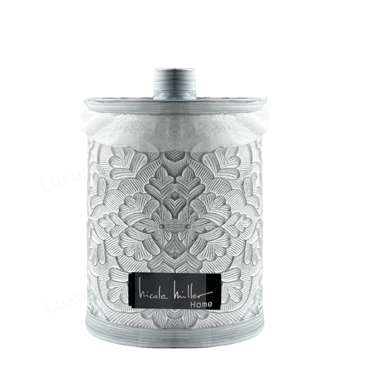 Cotton Ball Jar Holder Embossed Gray Flowers with Lid,  Bathroom, Kitchen