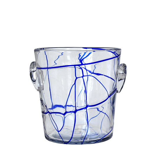 Glass Ice Bucket Champagne Wine Chiller with Royal Blue Swirls and Glass Handles