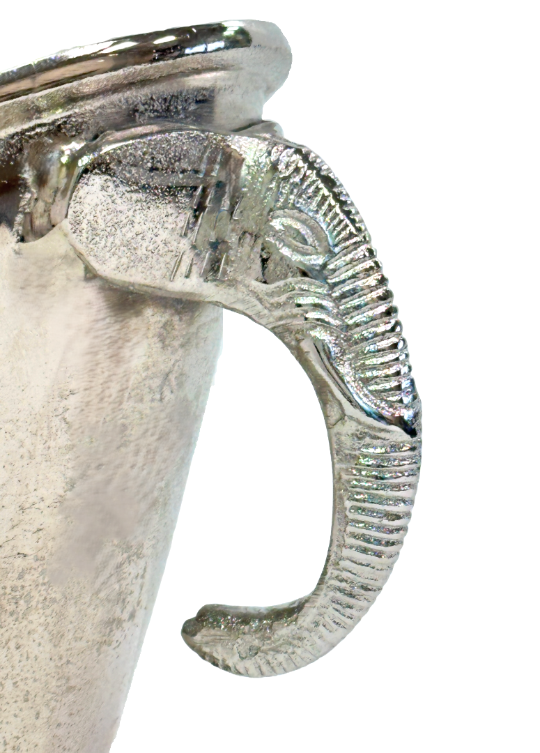 Silver ice bucket with elephant handle on a white background