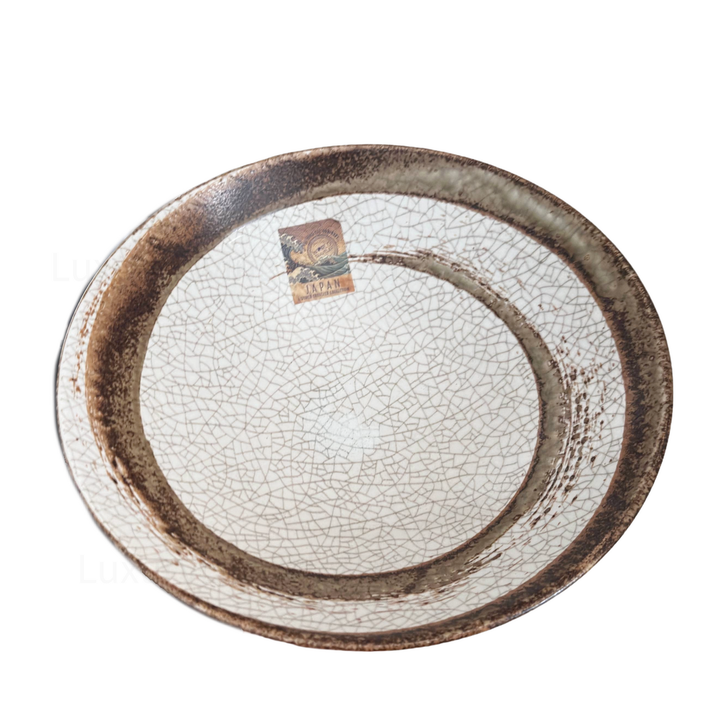 Mid‑Century Japanese Crackle‑Glaze Earthenware Clay Bowl with Brown Swirl & Brown Rim