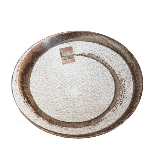 Mid‑Century Japanese Crackle‑Glaze Earthenware Clay Bowl with Brown Swirl & Brown Rim