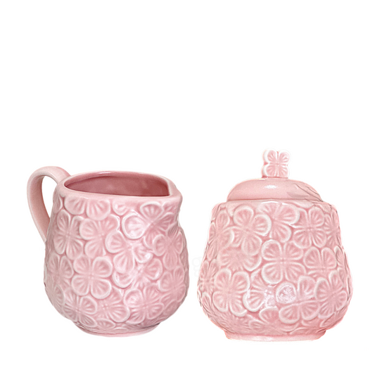Sugar Bowl w/ Lid & Creamer Set Pink Ceramic Raised Flowers by Dwell Essentials